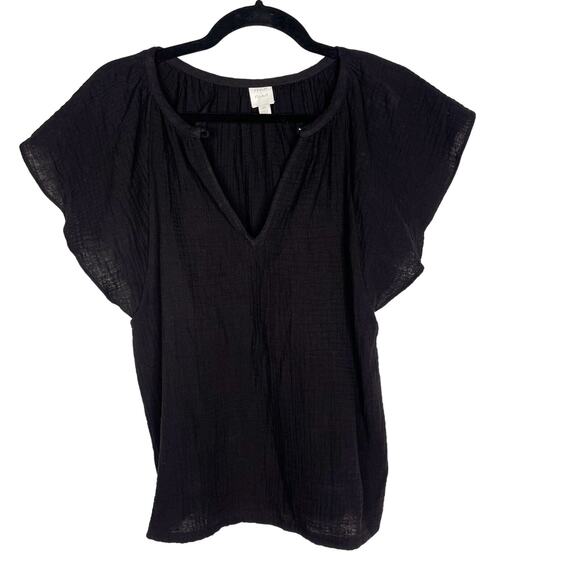 Evereve Roan + Ryan XS Black Elliott Gauze Flutter Sleeve VNeck Top Short Sleeve - Picture 1 of 8